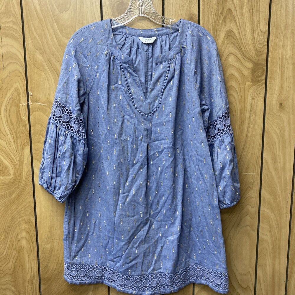 CROWN & IVY chambry blue embroidered gold geometric long sleeve mini dress S/M